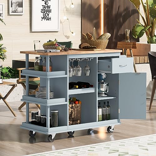 FEELLE Multipurpose Kitchen Island Cart Rolling Kitchen Island with Side Storage Shelves, Rubber Wood Top, Adjustable Storage Shelves, 5 Wheels, Island Table for Kitchen with Wine Rack, Blue