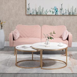 gnixuu small couches for living room 65 inch, mid century modern velvet love seats sofa convertible futon bed with 2 bolster pillows, loveseat armrest for bedroom, apartment, office, pink