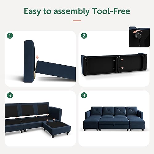 HONBAY U Shaped Sofa with Storage Ottoman Sleeper Sofa with Double Chaise Sofa Bed for Living Room, Velvet Dark Blue
