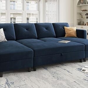 HONBAY U Shaped Sofa with Storage Ottoman Sleeper Sofa with Double Chaise Sofa Bed for Living Room, Velvet Dark Blue