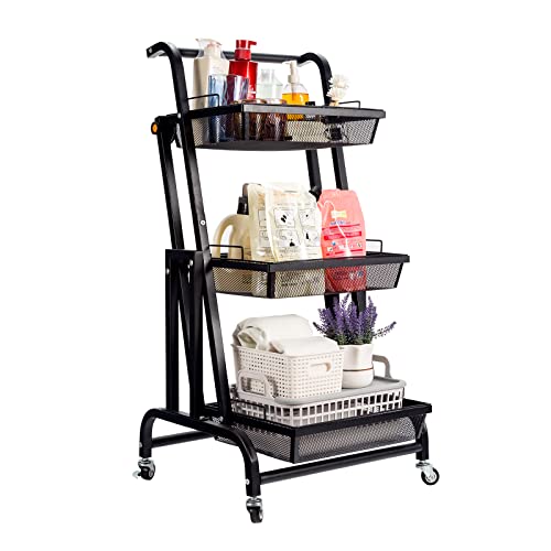 UPGLOW 3-Tier Metal Rolling Utility Cart, Adjustable Kitchen Storage Cart with Removable Mesh Baskets, Storage Trolley with Handle and Lockable Wheels for Kitchen, Bathroom, Office, Coffee Bar