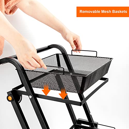 UPGLOW 3-Tier Metal Rolling Utility Cart, Adjustable Kitchen Storage Cart with Removable Mesh Baskets, Storage Trolley with Handle and Lockable Wheels for Kitchen, Bathroom, Office, Coffee Bar