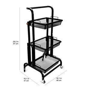 UPGLOW 3-Tier Metal Rolling Utility Cart, Adjustable Kitchen Storage Cart with Removable Mesh Baskets, Storage Trolley with Handle and Lockable Wheels for Kitchen, Bathroom, Office, Coffee Bar