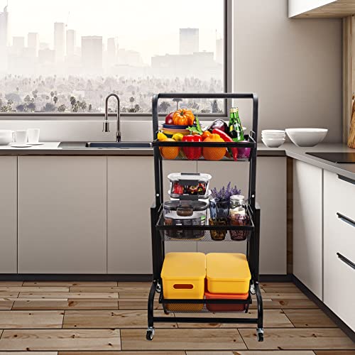 UPGLOW 3-Tier Metal Rolling Utility Cart, Adjustable Kitchen Storage Cart with Removable Mesh Baskets, Storage Trolley with Handle and Lockable Wheels for Kitchen, Bathroom, Office, Coffee Bar
