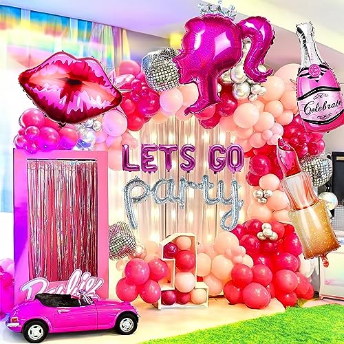 13pcs Hot Pink Princess Girl Doll Foil Balloon Lip Letter LETS GO Party Silver Disco ball Balloon Photo Prop For Barbie Theme Party Decorations Backdrop Bachelorette Party Adult Women Birthday Supply
