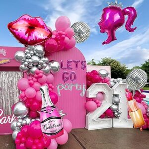 13pcs Hot Pink Princess Girl Doll Foil Balloon Lip Letter LETS GO Party Silver Disco ball Balloon Photo Prop For Barbie Theme Party Decorations Backdrop Bachelorette Party Adult Women Birthday Supply