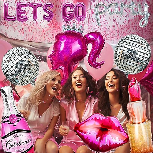 13pcs Hot Pink Princess Girl Doll Foil Balloon Lip Letter LETS GO Party Silver Disco ball Balloon Photo Prop For Barbie Theme Party Decorations Backdrop Bachelorette Party Adult Women Birthday Supply