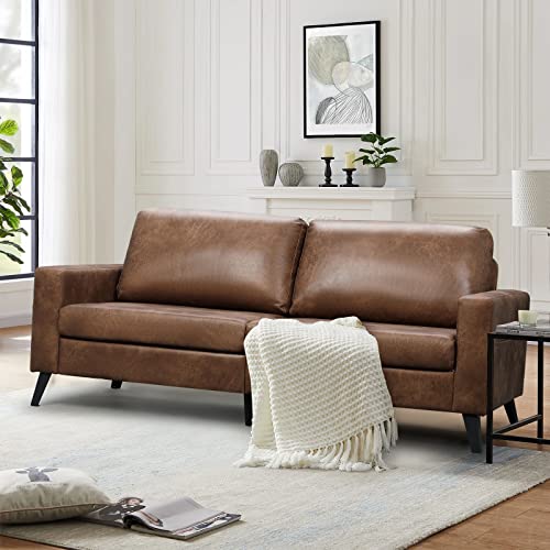 Esright Leather Sofa Couch, Faux Leather Couch 79" Wide, Mid Century Modern Couches for Living Room, Brown Leather Sofa Couch, Saddle Brown