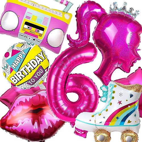 8pcs Hot Pink Princess Foil Number Balloon Lip Happy 6th Birthday Girl Head Balloons Photo Prop For Barbie Theme Party Decorations Box Photo Booth Backdrop Pink Little Girl Makeup Supply (Number 6)