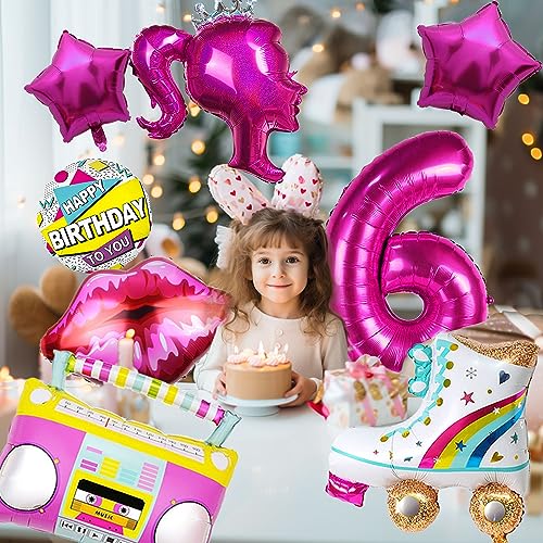 8pcs Hot Pink Princess Foil Number Balloon Lip Happy 6th Birthday Girl Head Balloons Photo Prop For Barbie Theme Party Decorations Box Photo Booth Backdrop Pink Little Girl Makeup Supply (Number 6)