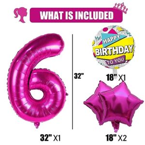 8pcs Hot Pink Princess Foil Number Balloon Lip Happy 6th Birthday Girl Head Balloons Photo Prop For Barbie Theme Party Decorations Box Photo Booth Backdrop Pink Little Girl Makeup Supply (Number 6)