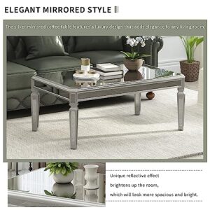 HomVent Mirrored Coffee Table Silver Living Room Table with Adjustable Legs Glass Central Table Cocktail Table for Living Room