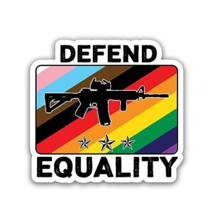 Miraki Defend Equality Sticker, Funny Gun Sticker, Progress Pride Flag and Rifle Sticker, LGBT Sticker, Water Assitant Die-Cut Vinyl Funny Decals for Laptop, Phone, Water Bottles, Kindle Sticker