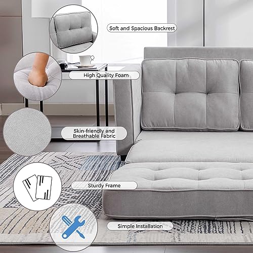 RIDFY Modern Convertible Sleeper Sofa Bed with Pull-Out Bed and Two Side Pockets, Chenille Loveseat Sleeper Sofa Couch for Living Room, Apartment, Office (Grey)