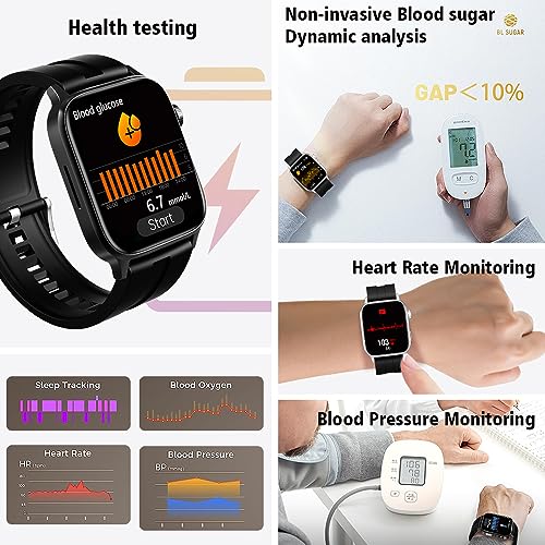 Smart Watch with Blood Glucose Monitor for Men Women, Bluetooth Calling Smartwatch for Android iOS Phones, Non-invasive Blood Sugar Test Oxygen Pressure Fitness Tracker Watch, 1.85" Touch Screen