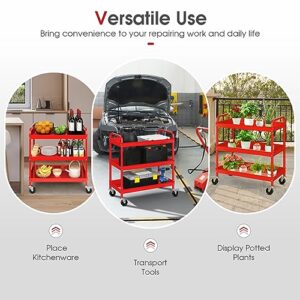 IRONMAX 3-Tier Rolling Tool Cart, 396LBS Heavy Duty Metal Utility Cart w/Lockable Universal Wheels, Storage Organizer Steel Service Cart for Garage, Office, Kitchen, Workshop, Repair Shop (Red)