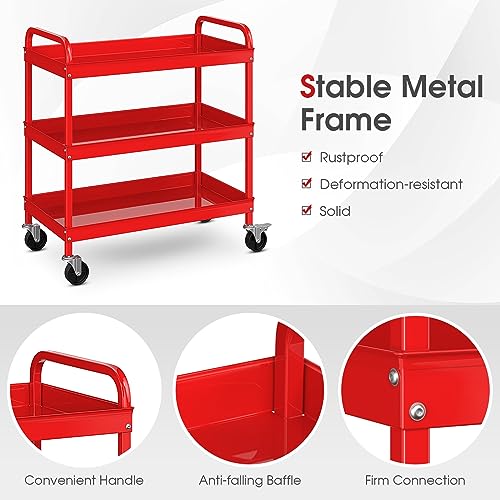 IRONMAX 3-Tier Rolling Tool Cart, 396LBS Heavy Duty Metal Utility Cart w/Lockable Universal Wheels, Storage Organizer Steel Service Cart for Garage, Office, Kitchen, Workshop, Repair Shop (Red)