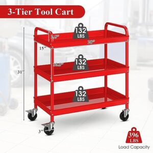 IRONMAX 3-Tier Rolling Tool Cart, 396LBS Heavy Duty Metal Utility Cart w/Lockable Universal Wheels, Storage Organizer Steel Service Cart for Garage, Office, Kitchen, Workshop, Repair Shop (Red)