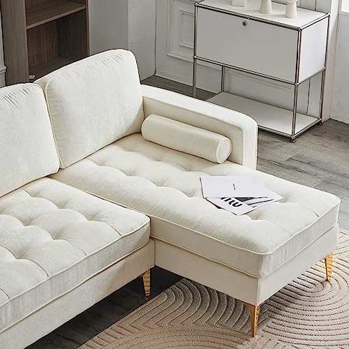 Imbesty 85" W Sectional Convertible Sofa Couch, Chenille Upholstered L-Shaped Couch 3-Seat Sofa with Reversible Chaise for Small Living Room, Apartment and Small Space (Chenille White)