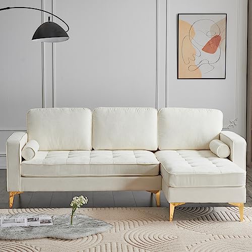 Imbesty 85" W Sectional Convertible Sofa Couch, Chenille Upholstered L-Shaped Couch 3-Seat Sofa with Reversible Chaise for Small Living Room, Apartment and Small Space (Chenille White)