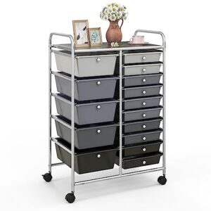15 drawer rolling storage cart, mobile utility cart with lockable wheels, drawers, multipurpose organizer cart for home, office, school, gradient black