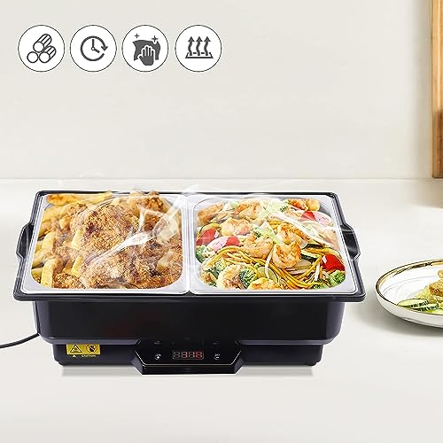 9QT Buffet Server & Food Warmer, Commercial Chafer Food Warmers for Restaurants Party School, Temperature Adjustable, Black Half Size, 22.4×13.6×*7.1in