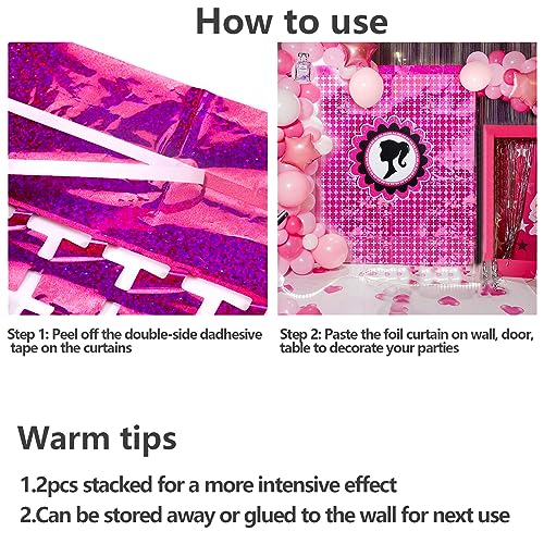 4 Packs Pink Disco Foil Curtain, Glitter Hot Pink Metallic Backdrop for Barbie Party, Birthday, Wedding, Baby Shower, Bachelorette Party Decorations Supplies