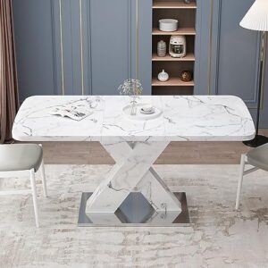 modern marble top dining table, extendable marble dining table for 4-6, expandable dining table with faux marble top and crossed pedestal base, large dining table for dining room kitchen (white)