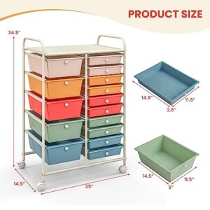 15 Drawer Rolling Storage Cart, Mobile Utility Cart with Lockable Wheels, Drawers, Multipurpose Organizer Cart for Home, Office, School, Mixed Color