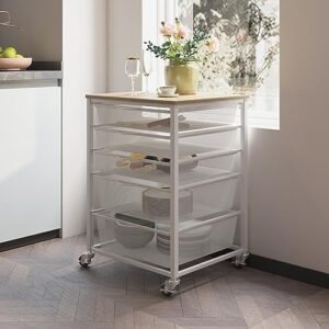 Rolling Storage Cart on Wheels, with 5 Handle Mesh Drawers Baskets and Wooden Top, Industrial Mobile Storage Cabinet, Scrapbook Paper Office School Organizer for Office Pantry Bathroom