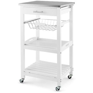 ifanny kitchen island cart, white rolling cart with stainless steel table top, drawer, metal baskets & wooden tray, wood storage cart on wheels, modern serving cart for restaurant, hotel