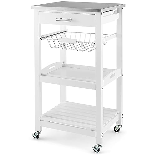 IFANNY Kitchen Island Cart, White Rolling Cart with Stainless Steel Table Top, Drawer, Metal Baskets & Wooden Tray, Wood Storage Cart on Wheels, Modern Serving Cart for Restaurant, Hotel