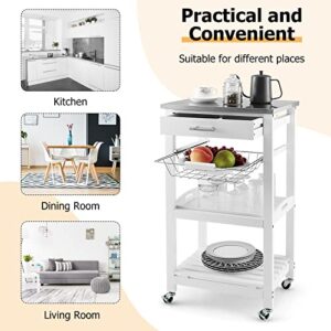 IFANNY Kitchen Island Cart, White Rolling Cart with Stainless Steel Table Top, Drawer, Metal Baskets & Wooden Tray, Wood Storage Cart on Wheels, Modern Serving Cart for Restaurant, Hotel