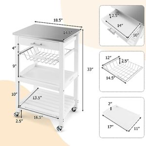 IFANNY Kitchen Island Cart, White Rolling Cart with Stainless Steel Table Top, Drawer, Metal Baskets & Wooden Tray, Wood Storage Cart on Wheels, Modern Serving Cart for Restaurant, Hotel