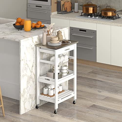 IFANNY Kitchen Island Cart, White Rolling Cart with Stainless Steel Table Top, Drawer, Metal Baskets & Wooden Tray, Wood Storage Cart on Wheels, Modern Serving Cart for Restaurant, Hotel