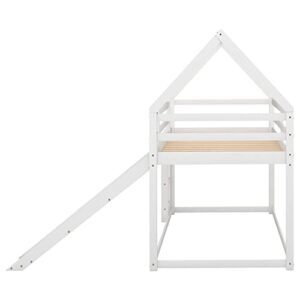 TARTOP Twin Size Bunk House Bed with Convertible Slide and Ladder,Twin Over Twin Wooden Bed Frame with Guardrails for Kids Teens Girls Boys,White