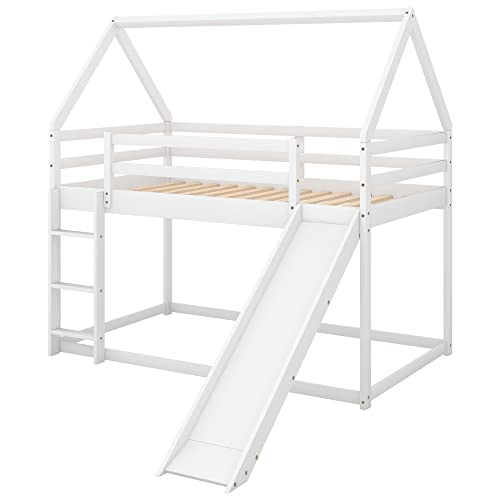 TARTOP Twin Size Bunk House Bed with Convertible Slide and Ladder,Twin Over Twin Wooden Bed Frame with Guardrails for Kids Teens Girls Boys,White