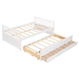 Lepfun Full Daybed with Trundle and Storage Drawers Wood Full Size Bed Frame with 3 Drawers Wooden Platform Beds for Kids Boys Girls Teens, Practical Durable Bed, for Bedroom, Apartment, White