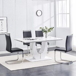 pvillez 63" marble dining table set for 4, modern 5 piece dining set, white faux marble imitation kitchen dining room table with u-shaped pedestal base & 4 pu leather upholstered dining chairs