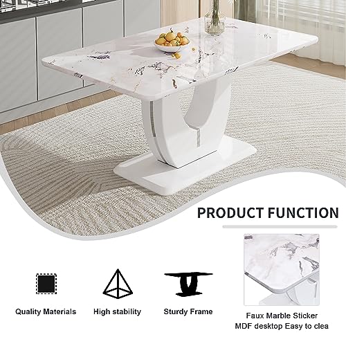 Pvillez 63" Marble Dining Table Set for 4, Modern 5 Piece Dining Set, White Faux Marble Imitation Kitchen Dining Room Table with U-Shaped Pedestal Base & 4 PU Leather Upholstered Dining Chairs