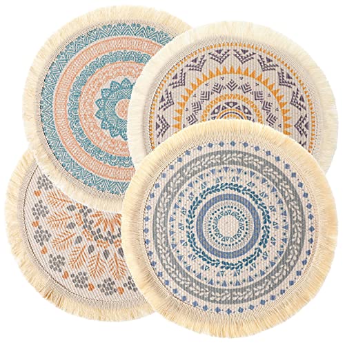 LUOZZY 4 Pcs Round Braided Placemats Table Mats Farmhouse Jute Table Mats with Pompom Tassel