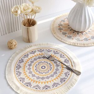 LUOZZY 4 Pcs Round Braided Placemats Table Mats Farmhouse Jute Table Mats with Pompom Tassel