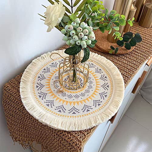 LUOZZY 4 Pcs Round Braided Placemats Table Mats Farmhouse Jute Table Mats with Pompom Tassel