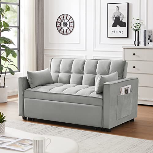 BIADNBZ Velvet Loveseat Sleeper Sofa Bed 3 in 1 Convertible Pull Out Couch with Reclining Backrest, Toss Pillows, Pockets, Furniture for Living Room, Gray