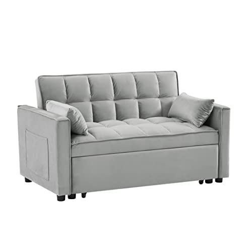 BIADNBZ Velvet Loveseat Sleeper Sofa Bed 3 in 1 Convertible Pull Out Couch with Reclining Backrest, Toss Pillows, Pockets, Furniture for Living Room, Gray