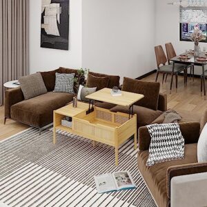 modern natural bamboo and rattan table, lift coffee table. adjustable storage rack living room
