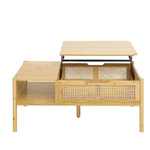 Modern Natural Bamboo and Rattan Table, Lift Coffee Table. Adjustable Storage Rack Living Room