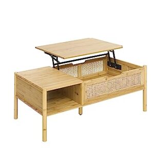 Modern Natural Bamboo and Rattan Table, Lift Coffee Table. Adjustable Storage Rack Living Room