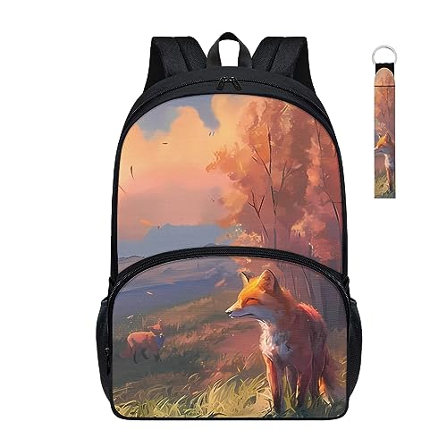 PORCLAY Fox School Backpack for Girls Kawaii Aesthetic Lancscap Kids Bookbag Elementary Preschool Book Bag Simple Laptop Daypack Rucksack