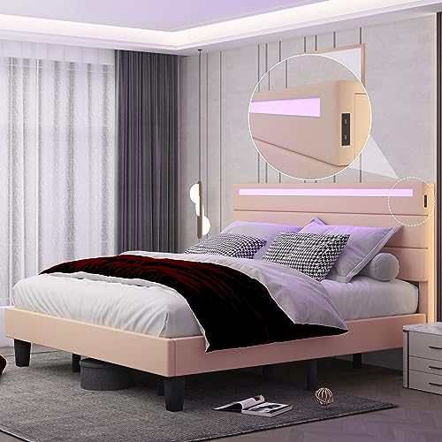 Kallabe Bed Frame Full Size with Headboard, Upholstered Platform Bed Frame Queen with LED Lights and USB Ports, Linen Fabric Beds with Wooden Slats, No Box Spring Needed, Beige